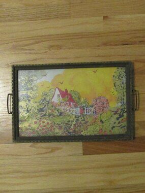 1930s Antique Tray LITTLE RED RIDING HOOD LITHOGRAPH Wooden Frame -Metal Handles